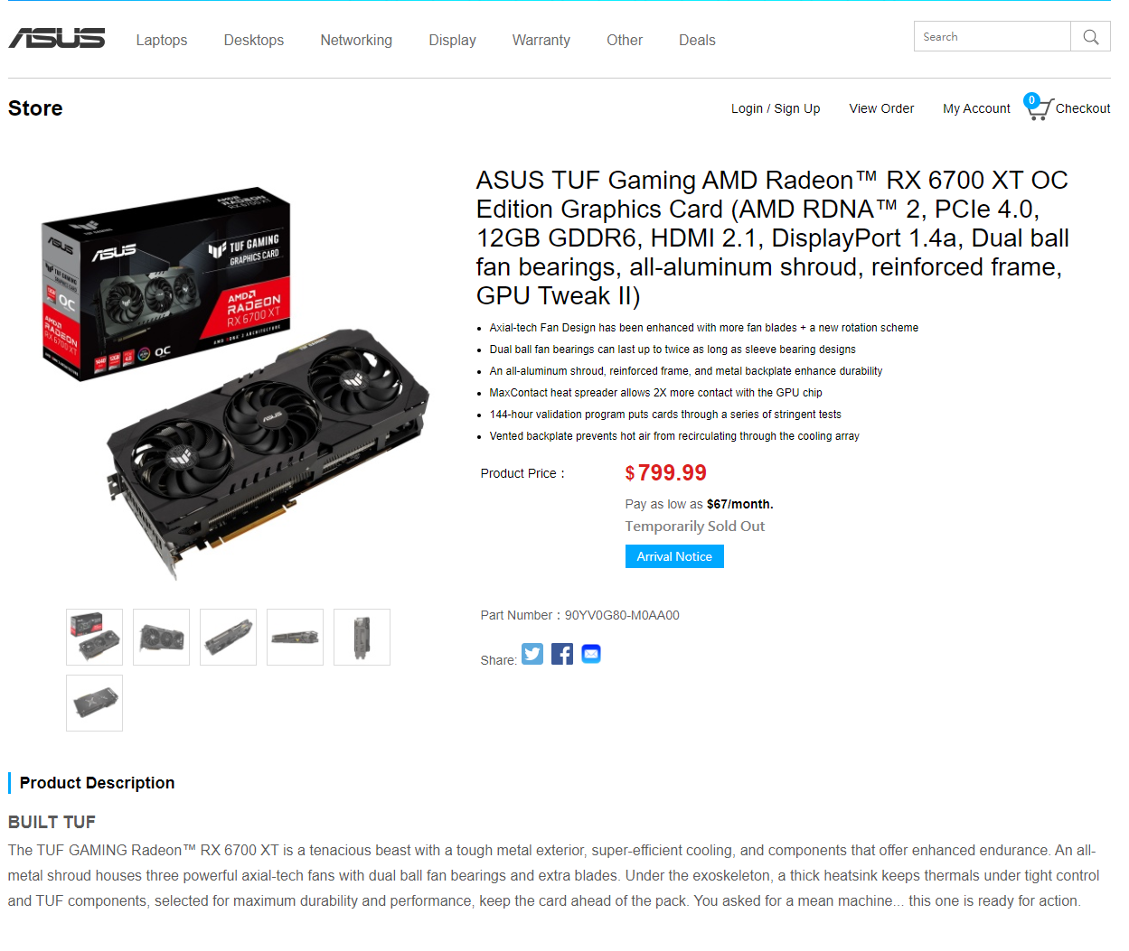 ASUS TUF Gaming AMD Radeon RX 6700 XT OC Edition Graphics Card AMD RDNA 2,  PCIe 4.0, 12GB GDDR6, HDMI 2.1, DisplayPort 1.4a, Dual ball fan bearings