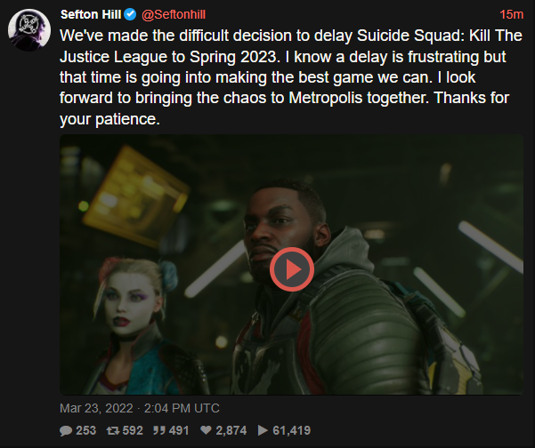 Sefton Hill on X: We've made the difficult decision to delay Suicide Squad:  Kill The Justice League to Spring 2023. I know a delay is frustrating but  that time is going into