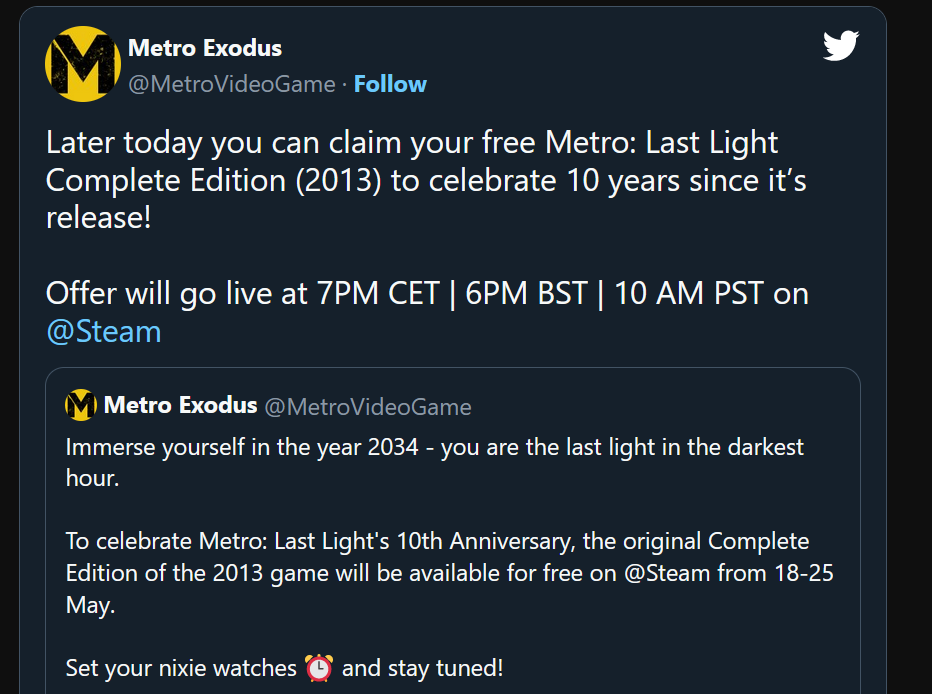 Metro: Last Light grátis na Steam