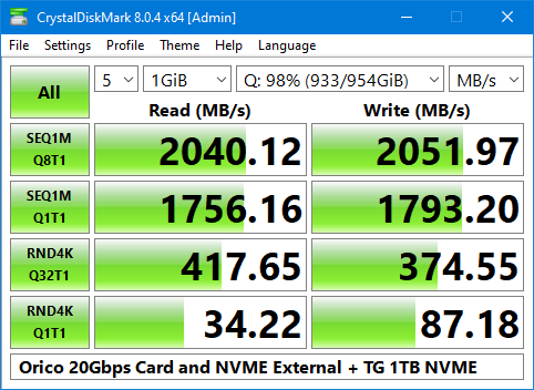 CrystalDiskMark_20230805001231 - ********** 20Gbps card and external TG 1TB NVME.png